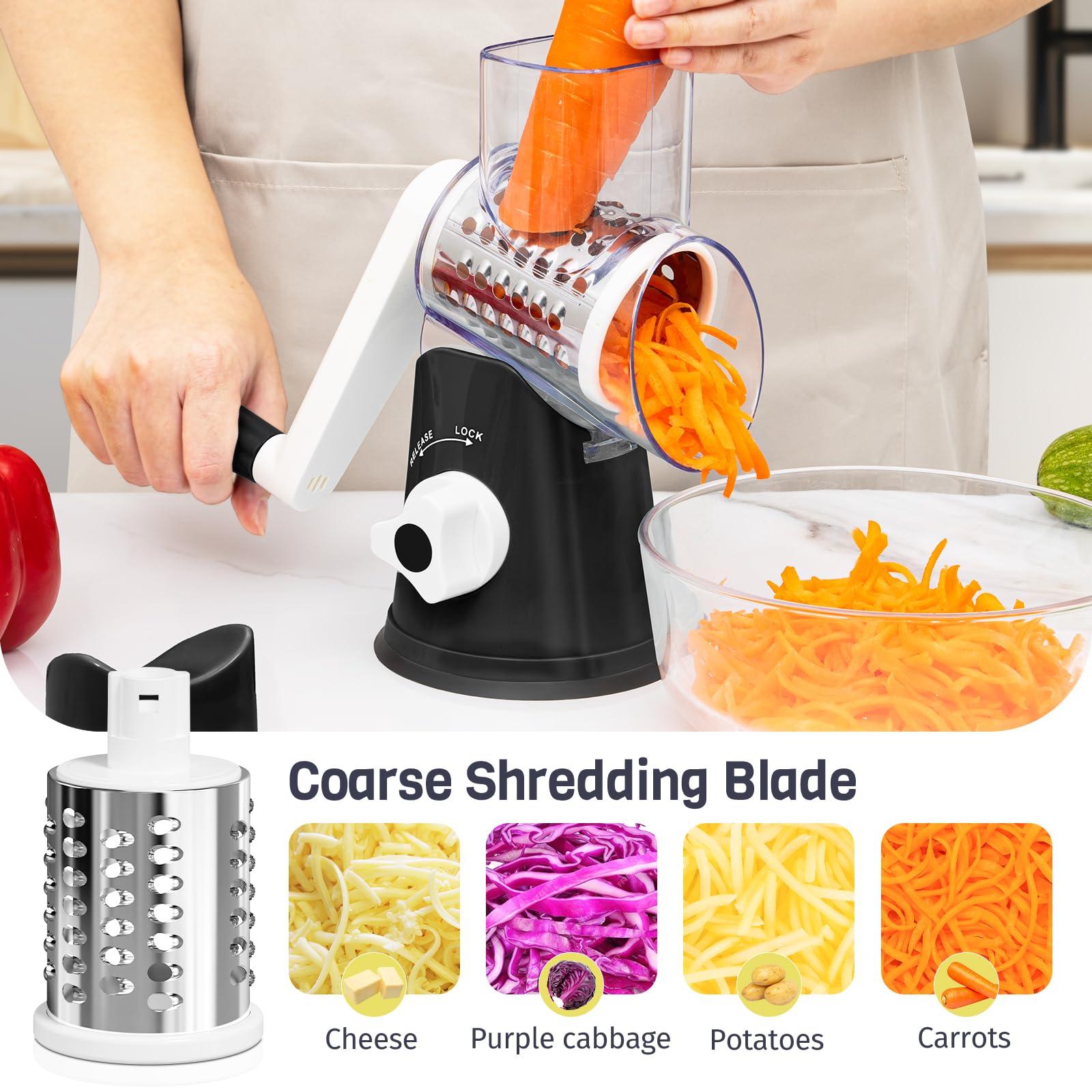 Cheese Grater Hand Crank, Rotary Cheese Shredder with 3 Interchangeable Blades for Coarse, Fine Shredding and Slicing, Strong Suction Base for Pizza, Pasta, Salad, Vegetables, Nuts, Chocolate