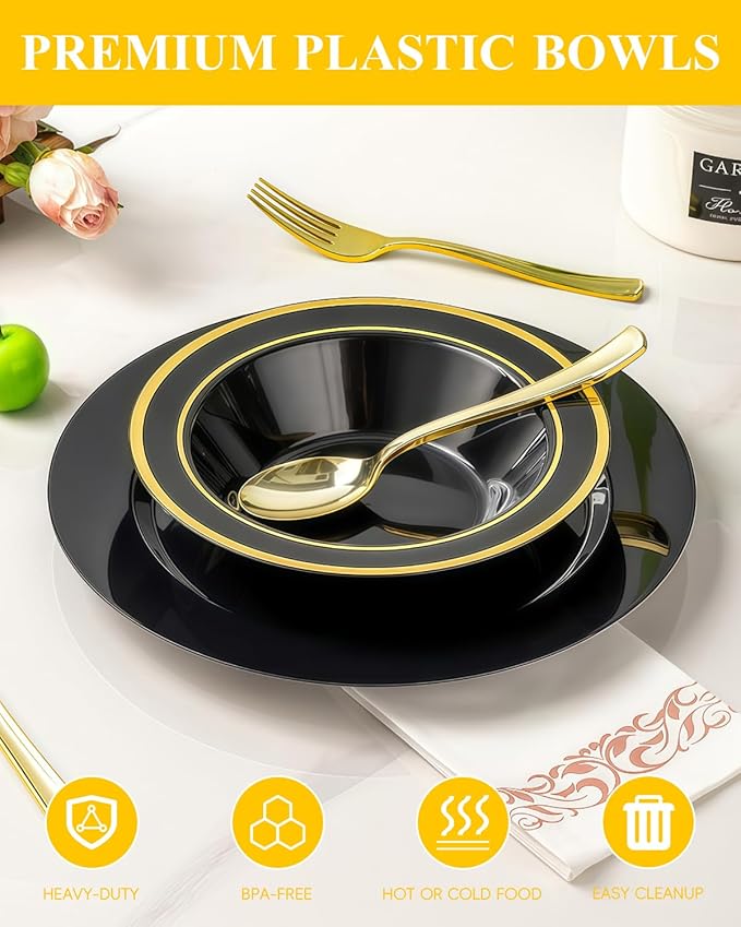 BESTSTAR 200 Pack Black Disposable Bowls with Gold Rim