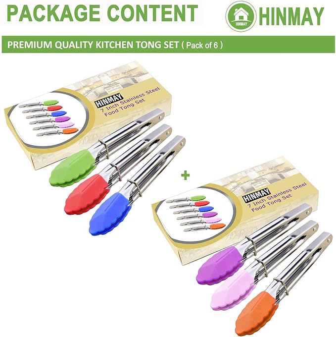 HINMAY Small Tongs with Silicone Tips 7-Inch Mini Serving Tongs, Set of 6