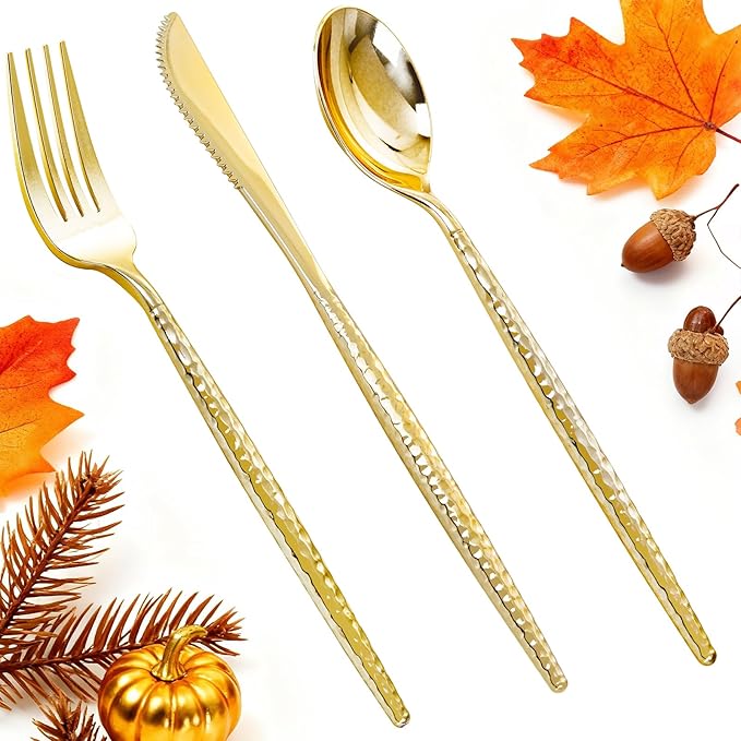 Rubtlamp 90Pcs Gold Plastic Silverware, Gold Disposable Utensils, Hammered Plastic Silverware, Plastic Forks And Spoons Set Include 30 Forks, 30 Knives,30 Spoons For Daily Use