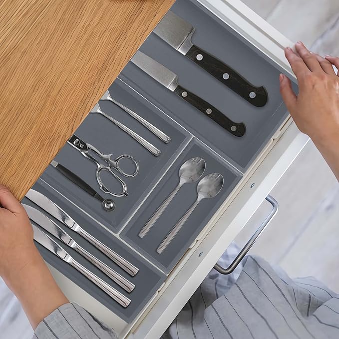 PRATIQUE Bamboo Drawer Organizer - Kitchen Utensil Organizer Silverware Tray Cutlery Holder，Office Desk Supplies and Accessories,12 * 5.9 * 2.6,Grey