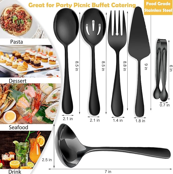 IAXSEE 6 PCS Stainless Steel Serving Utensils, Large Serving Spoons Slotted Spoons, Forks, Ice Suger Tongs, Cake Server, Soup Ladle, Metal Utensils Set Great for Buffet Catering Banquet Party, Black