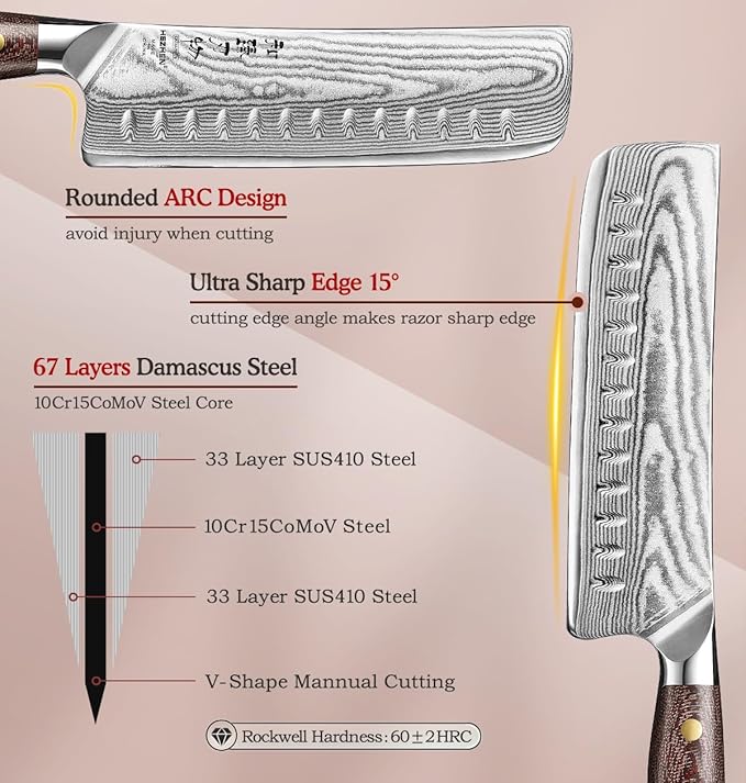 HEZHEN 7.4'' Nakiri Knife – 67 Layers Damascus Steel, Ultra Sharp Japanese Vegetable Knife for Home Cooks, Ergonomic Micarta Handle