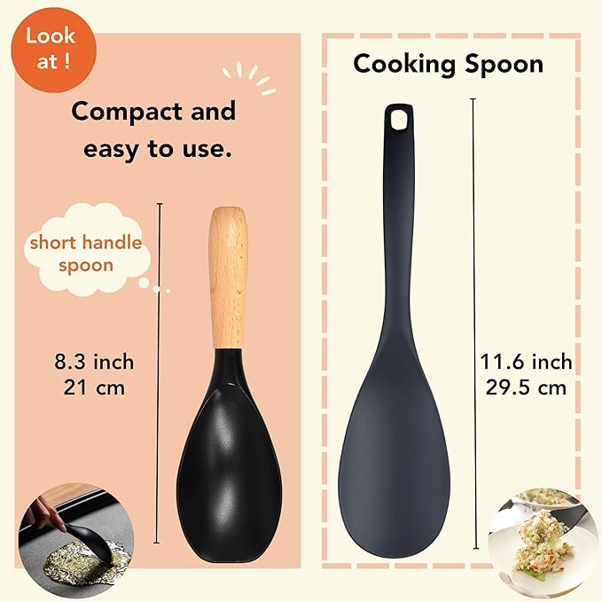 Non Stick Heat Resistant Nylon Spoon Short Wooden Handle 8.3”