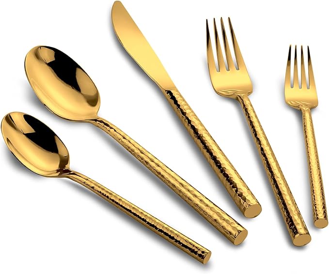 Kelenfer Gold Flatware Set Round Hammered Handle 20 Pieces Service for 4