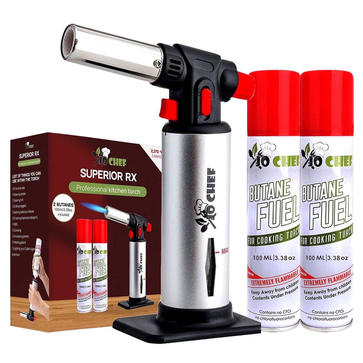 Jo Chef Kitchen Torch, Refillable Butane Torch for Creme Brulee, Cooking
