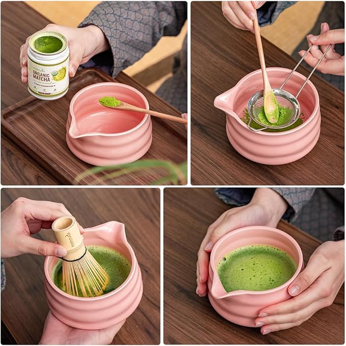 MatchAiA Matcha Whisk Set - Ceramic Bowl, Bamboo Whisk with Holder, Sifter, Schima Spoon, Spoon Rest and Tea Towel - 7 Pcs Complete Kit for Traditional Matcha and Modern Lattes (Pink)