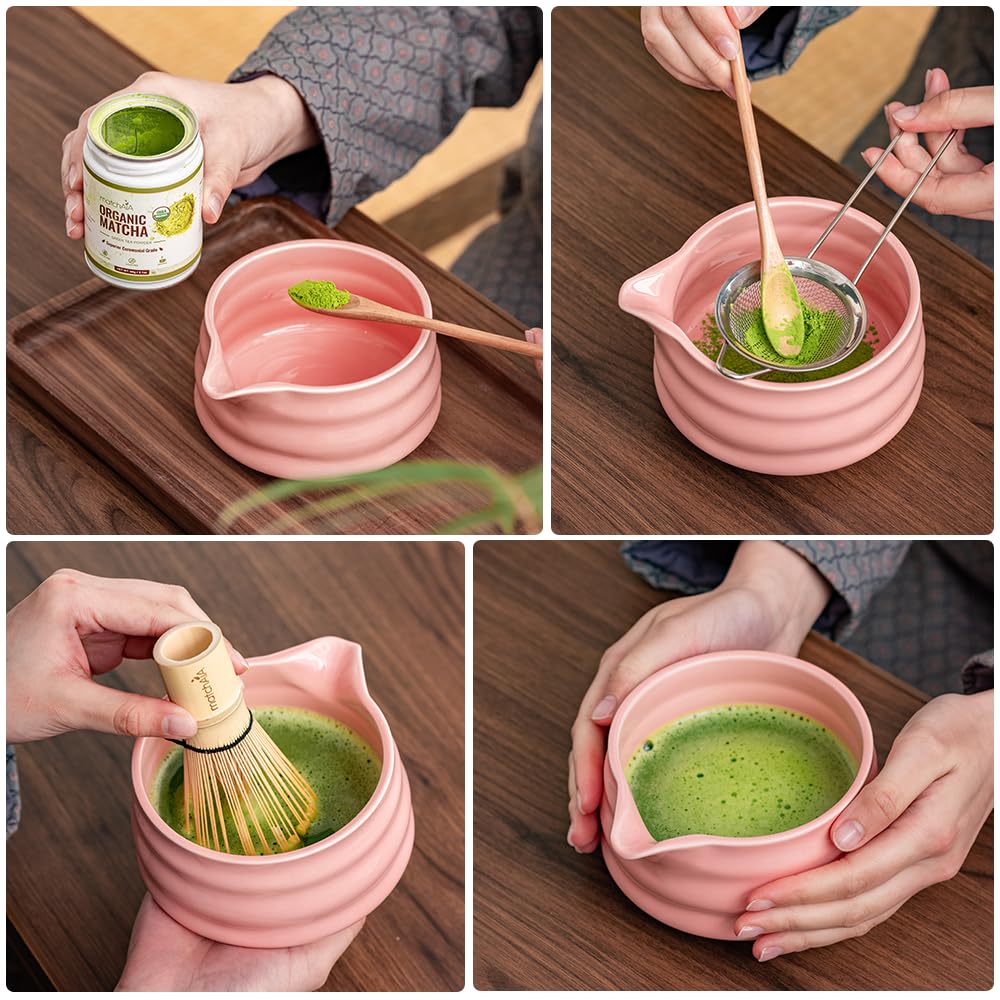 MatchAiA Matcha Whisk Set - Ceramic Bowl, Bamboo Whisk with Holder, Sifter, Schima Spoon, Spoon Rest and Tea Towel - 7 Pcs Complete Kit for Traditional Matcha and Modern Lattes (Pink)