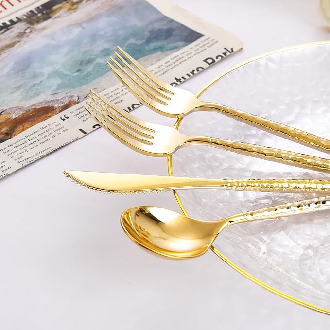 Rubtlamp 90Pcs Gold Plastic Silverware, Gold Disposable Utensils, Hammered Plastic Silverware, Plastic Forks And Spoons Set Include 30 Forks, 30 Knives,30 Spoons For Daily Use