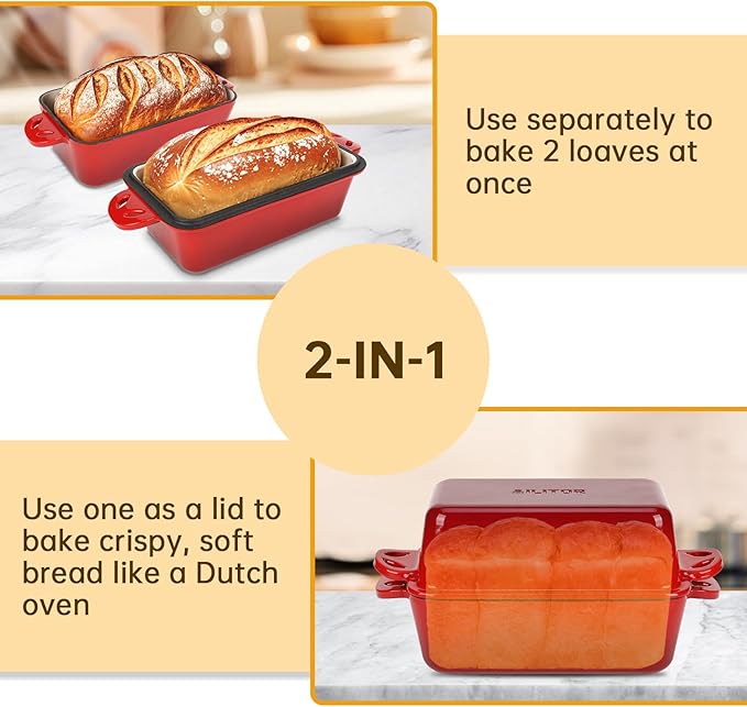 AILITOR 9x5 Enameled Cast Iron Loaf Pan with Lid - 2 in 1 Homemade Sourdough Bread Baking Pan