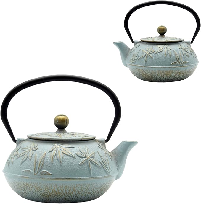 SECHUDO Cast Iron Teapot Tea Kettle with Stainless Steel Infuser for Stovetop Safe Coated with Enameled Interior Japanese Tetsubin with Maple Leaves Pattern(30.4oz/900ml) (Color-5)