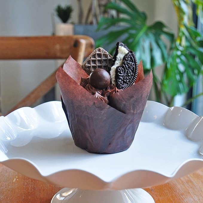 MyBakning Large size Brown Tulip Baking Cups 2-1/4"(Base diameter) x 4"(Wall height) Greaseproof paper baking cupcake Muffin liners, Case of 130 pcs