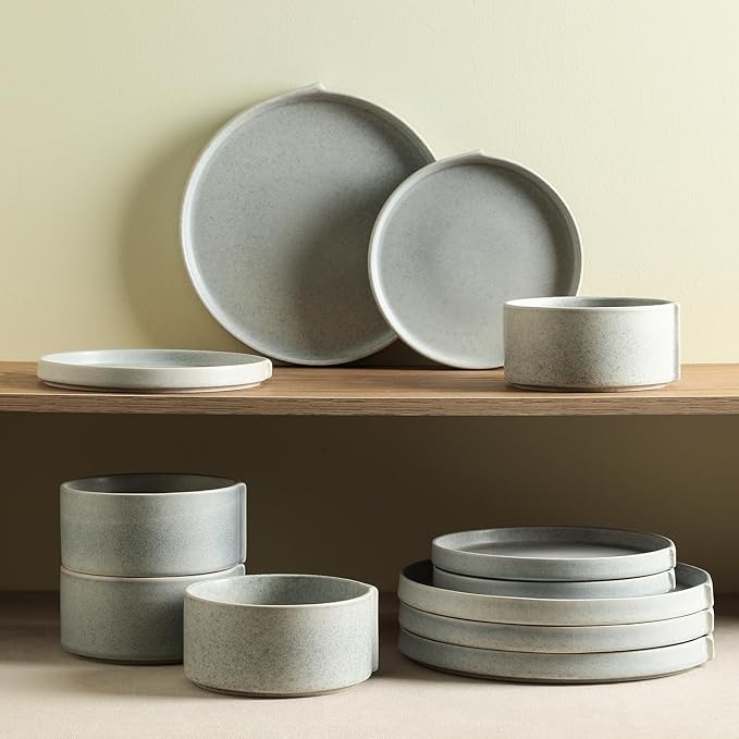 Stone Lain Bao 12-Piece Dinnerware Set Stoneware, Plates and Bowls Set, Dishwasher and Microwave Safe, Dish Set for 4, Blue-Grey