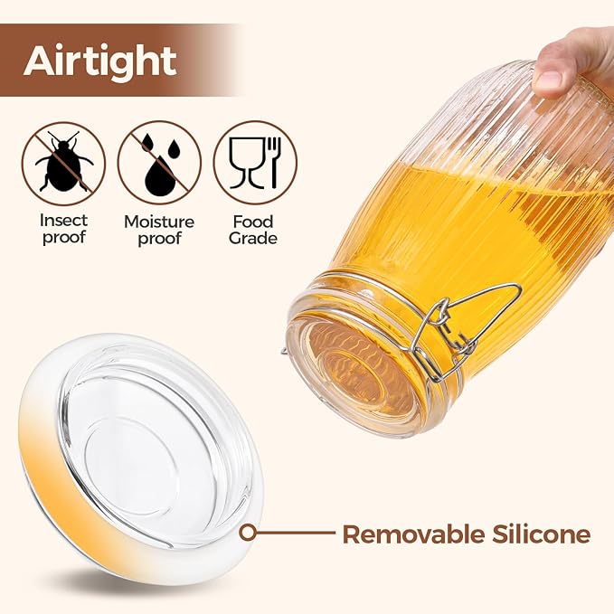 ComSaf Large Ribbed Glass Jars with Airtight Lids 51 oz 3 Pack Wide Mouth