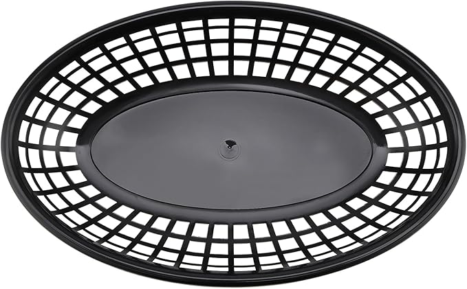 HEIHAK 40 Pack 8.9x5.7x1.6 Inch Black Plastic Fast Food Baskets, Restaurant Serving Baskets, Oval Fast Food Serving Tray for Picnic, Deli Serving, Chicken, Burgers and Fries