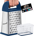 GORILLA GRIP® XL 4-Sided Stainless Steel Cheese Grater With Measurement Container, BPA-Free Box Grater, Slip Resistant Base, Grate Hard Parmesan, Shred Veggies, Zest Citrus, Dishwasher Safe