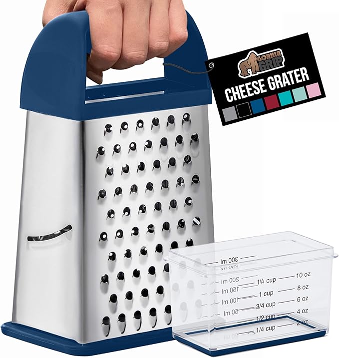 GORILLA GRIP® XL 4-Sided Stainless Steel Cheese Grater With Measurement Container, BPA-Free Box Grater, Slip Resistant Base, Grate Hard Parmesan, Shred Veggies, Zest Citrus, Dishwasher Safe