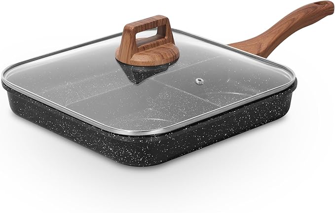 ESLITE LIFE Nonstick Divided Grill Pan with Lid & Tongs for Stove Tops, 11 Inch Versatile 3-In-1 Breakfast Pan, Square Big Grilling Steak Pan for Indoor & Outdoor Cooking, PTFE & PFOA Free, Black
