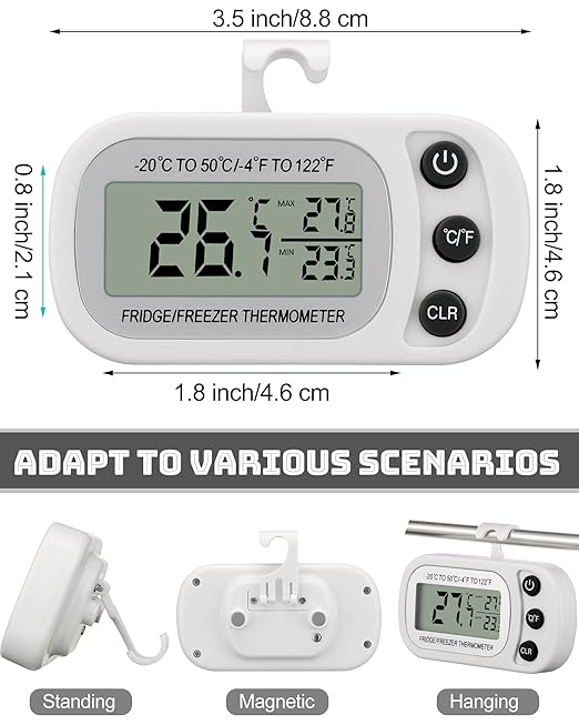 Frienda 12 Pcs White Digital Fridge Thermometer Waterproof Refrigerator and Freezer Max/min Record Function LCD Screen Refrigerator Thermometer with Hook and Magnetic Back for Home (Button)