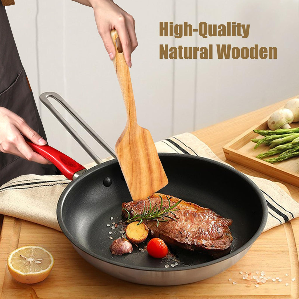 Zenxylo Wooden Spoons for Cooking, Wooden Cooking Spatula Turner and Spoon Set, 2-Piece, Sturdy, Lightweight and Heat Resistant