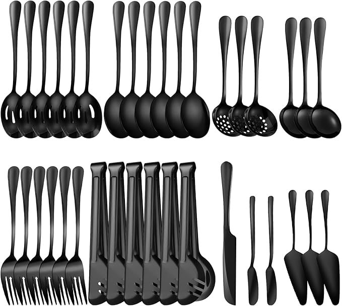ZLMTZDJD 36-Piece Stainless Steel Serving Utensil Set – Complete Buffet Essentials with Spoons, Forks, Tongs, Ladle & More. Perfect for Wedding, Holiday, Catering, and Family Gatherings (Black)