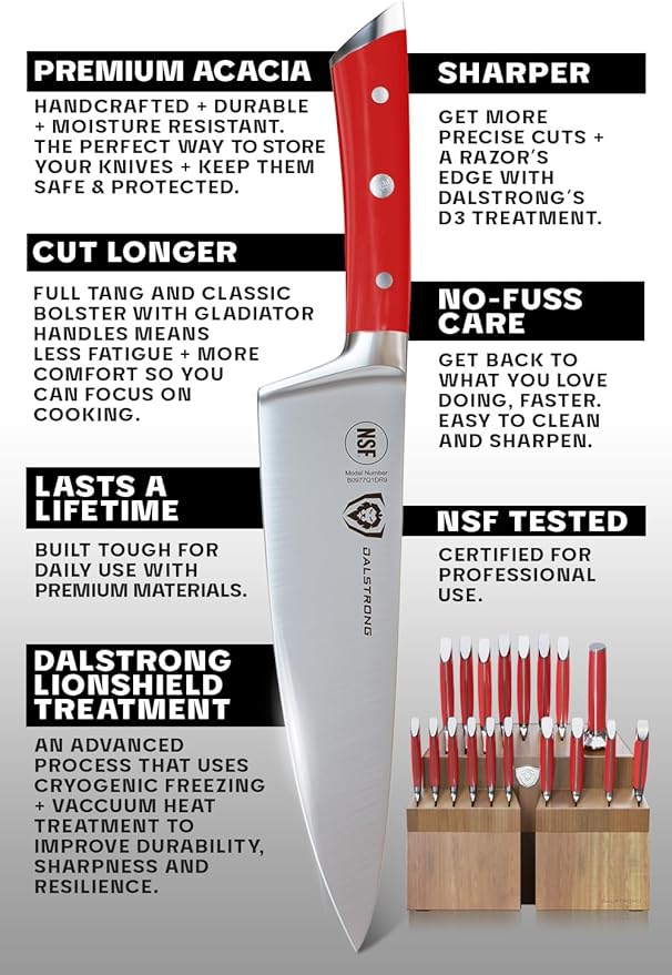 Dalstrong 18-Piece Gladiator Colossal Knife Block Set (Red Handles) — German High-Carbon Steel, Full-Tang, Hand-Sharpened — For Home Chefs, Wedding Registries & Serious Kitchens — Acacia Block, NSF