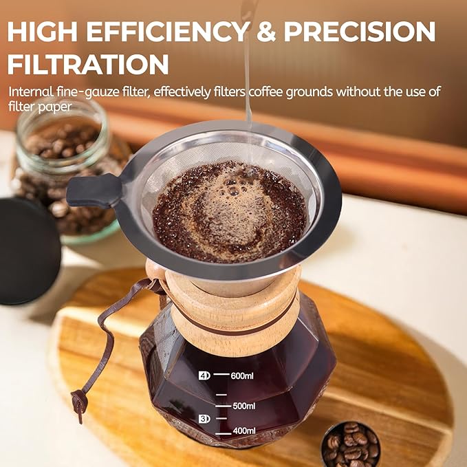 Mogrecha Pour Over Coffee Maker 600ml with 304 Stainless Steel Filter Wooden Collar Holder Borosilicate Glass Drip Coffeemaker Server Set Clear Hand Brew Dripper Carafe for Home Camping Travel 20.3oz