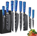 FIVE COWS 8-Piece Premium Japanese Kitchen Knife Set - Star Collection, Laser Damascus Pattern, 440A Stainless Steel Ultra Sharp for Fast Cutting (Blue 8J)