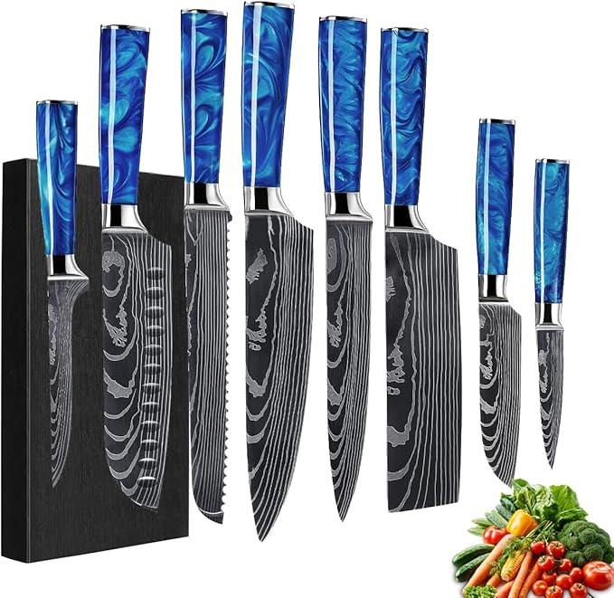 FIVE COWS 8-Piece Premium Japanese Kitchen Knife Set - Star Collection, Laser Damascus Pattern, 440A Stainless Steel Ultra Sharp for Fast Cutting (Blue 8J)