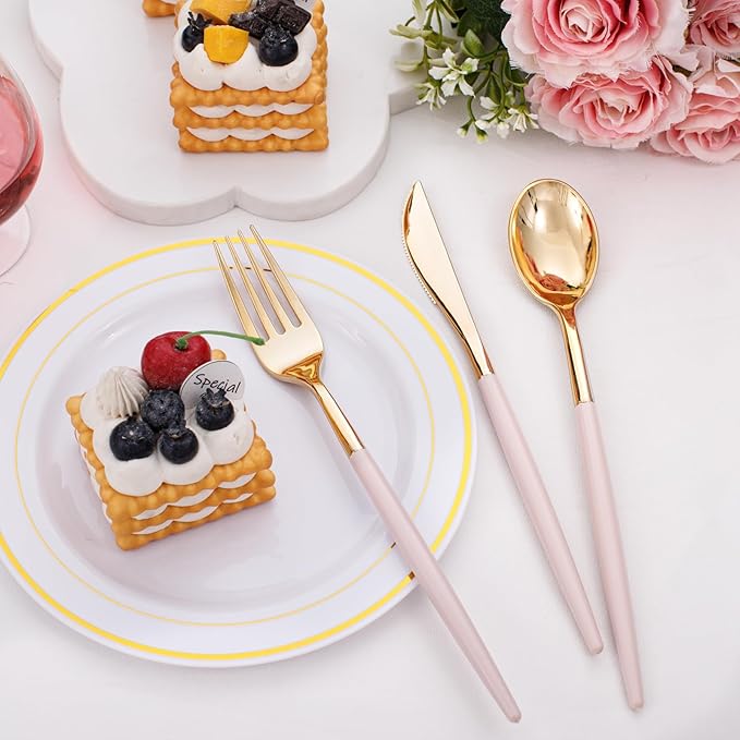 I00000 60 Pcs Pink Plastic Silverware, Fancy Gold Utensils with Pink Handle