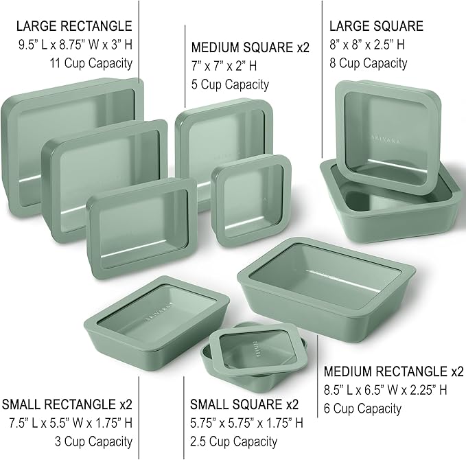 BRIVARA HOME 20-Piece Glass Food Storage Containers Set with Lids (10 Containers + 10 Lids) | Microwave-Safe Airtight Seal, Oven-Safe Ceramic-Coated Glass | Zero Plastic, No PFAS/PFOA/BPA [Willow]