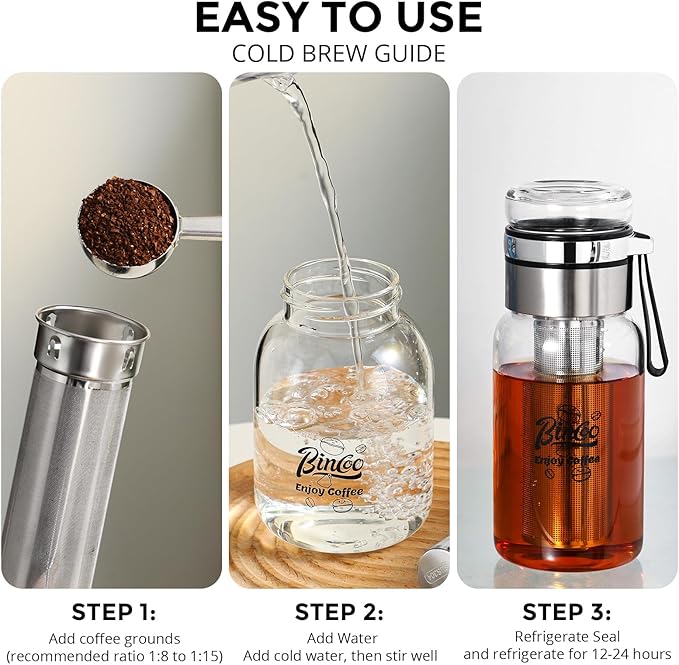 Bincoo Glass Cold Brew Coffee Maker with Extended Fine Mesh Filter, Tea Infuser Bottle Iced Coffee Maker with Thick Borosilicate Glass (750ml/24oz)