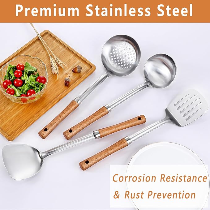 Pleafind 4-Pcs Cooking Utensils Set, Stainless Steel Kitchen Utensils with Wooden Handle, Kitchen Essentials Set Include Wok Ladle, Slotted Spoon, Wok Spatula and Slotted Spatula, Dishwasher Safe
