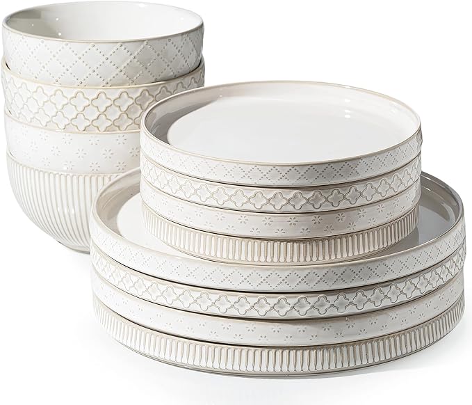 Getstar Dinnerware Sets, Plates and Bowls Sets (10.5” Dish + 8” Dish + 6” Bowl) for 4, Microwave and Dishwasher Safe, Ceramic Dinnerware Set (12 Piece)