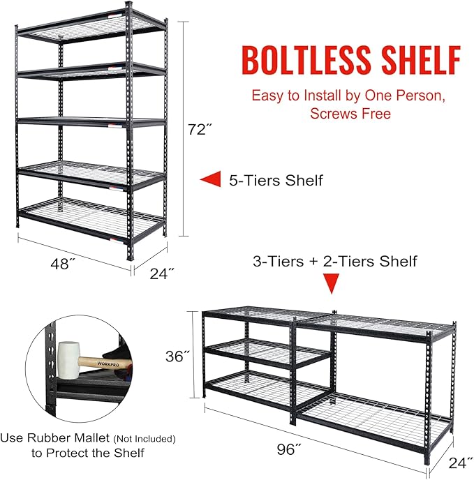 WORKPRO 5-Tier Adjustable Metal Shelving, 48”Wx24”Dx72”H, 4000LBS Capacity