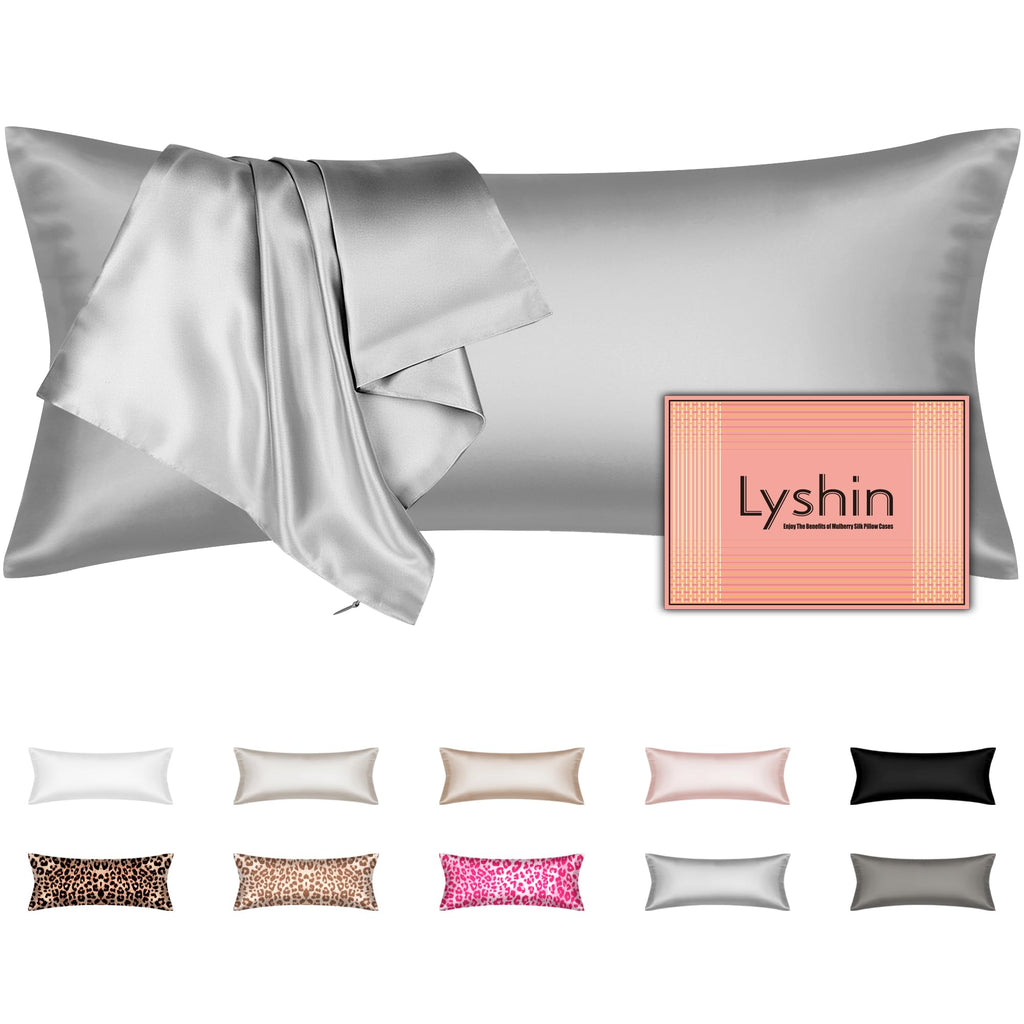 Silk Body Pillow Cover with Zipper, Mulberry Silk Pillow Cases Body Size, Ultra Smooth and Soft Breathable Cooling Silk Satin Body Pillowcase for Hair and Skin, Light Grey (20x54 Inches, 1 Pack)