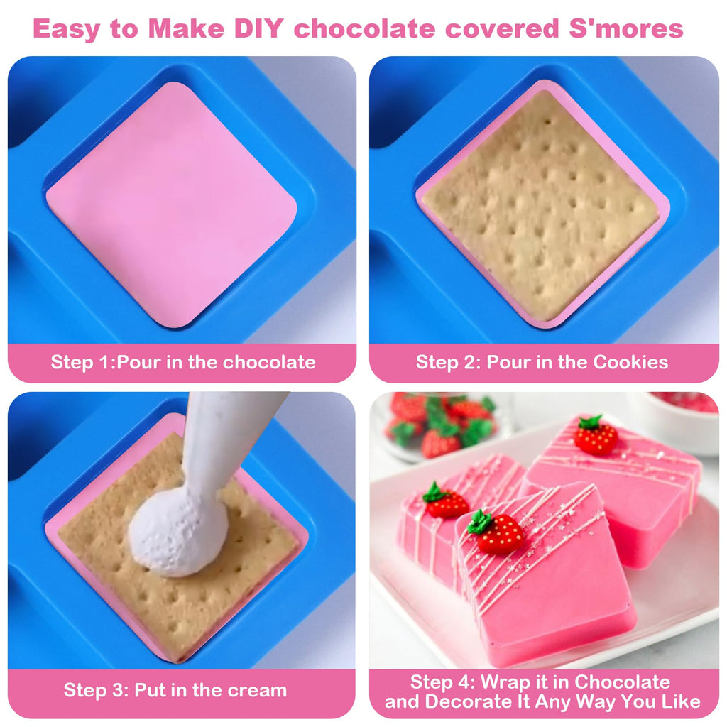 Sidosir 3Pcs Chocolate Covered Cookie S'mores Molds, 6-Cavity Square Molds Silicone for Smores, Non-Stick Silicone Baking Mold for Graham, Chocolate, Graham Crackers, Candy