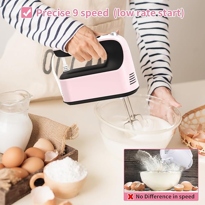 Yomelo 9-Speed Digital Hand Mixer Electric, 400W Powerful DC Motor, Hand Mixer Electric Handheld with Snap-On Storage Case, 5 Stainless Steel Accessories, Beaters, Dough Hooks, Whisk(Pink/Black)