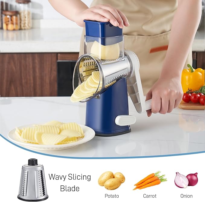 VEKAYA Rotary Cheese Grater Hand Crank, 4 blades Cheese Shredder (Blue)