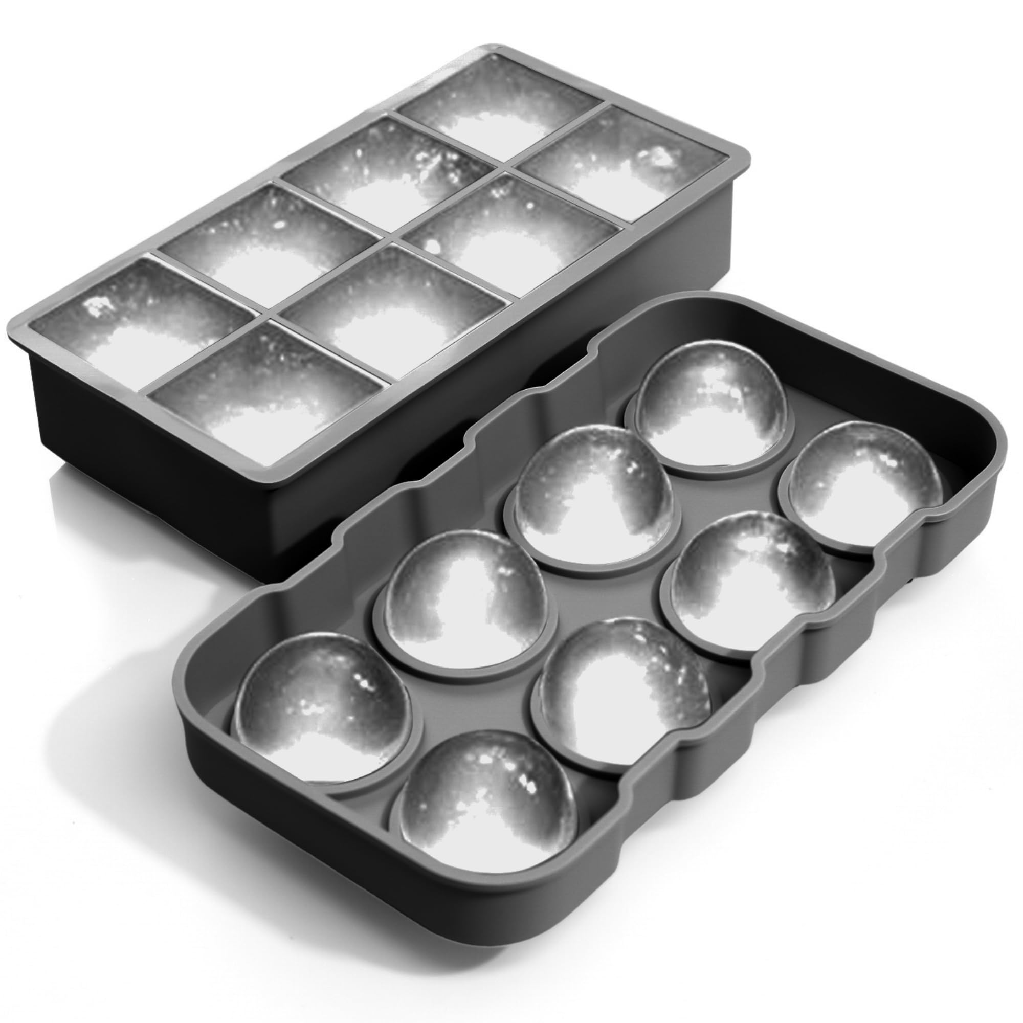 Large Ice Cube Trays Perfect for Whiskey and Summer Drinks - Italian Design - 2 Pack (16 x Ice Cubes | Square and Round | XL size) - Cosvino - Removable Lid, Easy Release (Tuxedo Black)