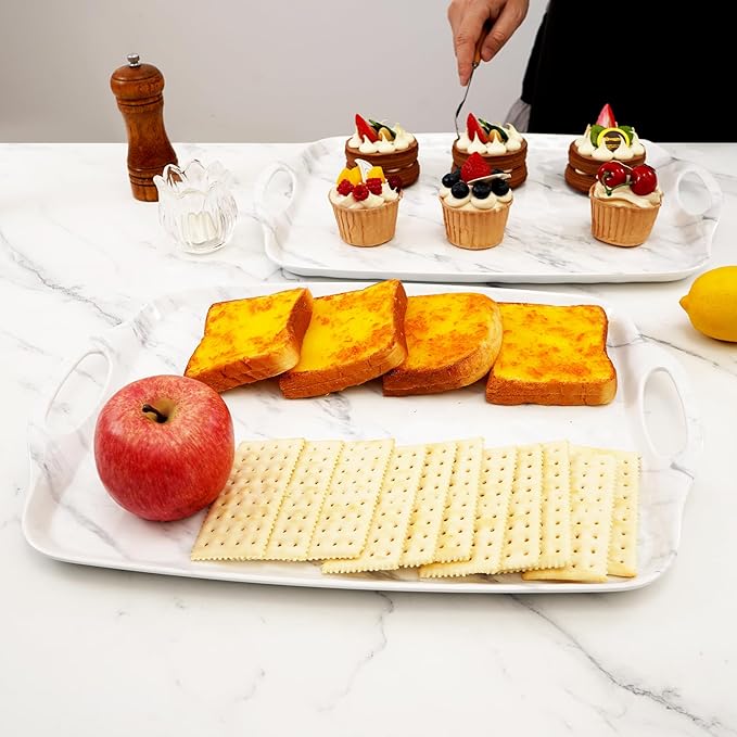 TP Serving Trays with Handles, 17 x 12 Inch Melamine Serving Platters for Food, Meat, Set of 2 Rectangular Trays for Eating, White Marble