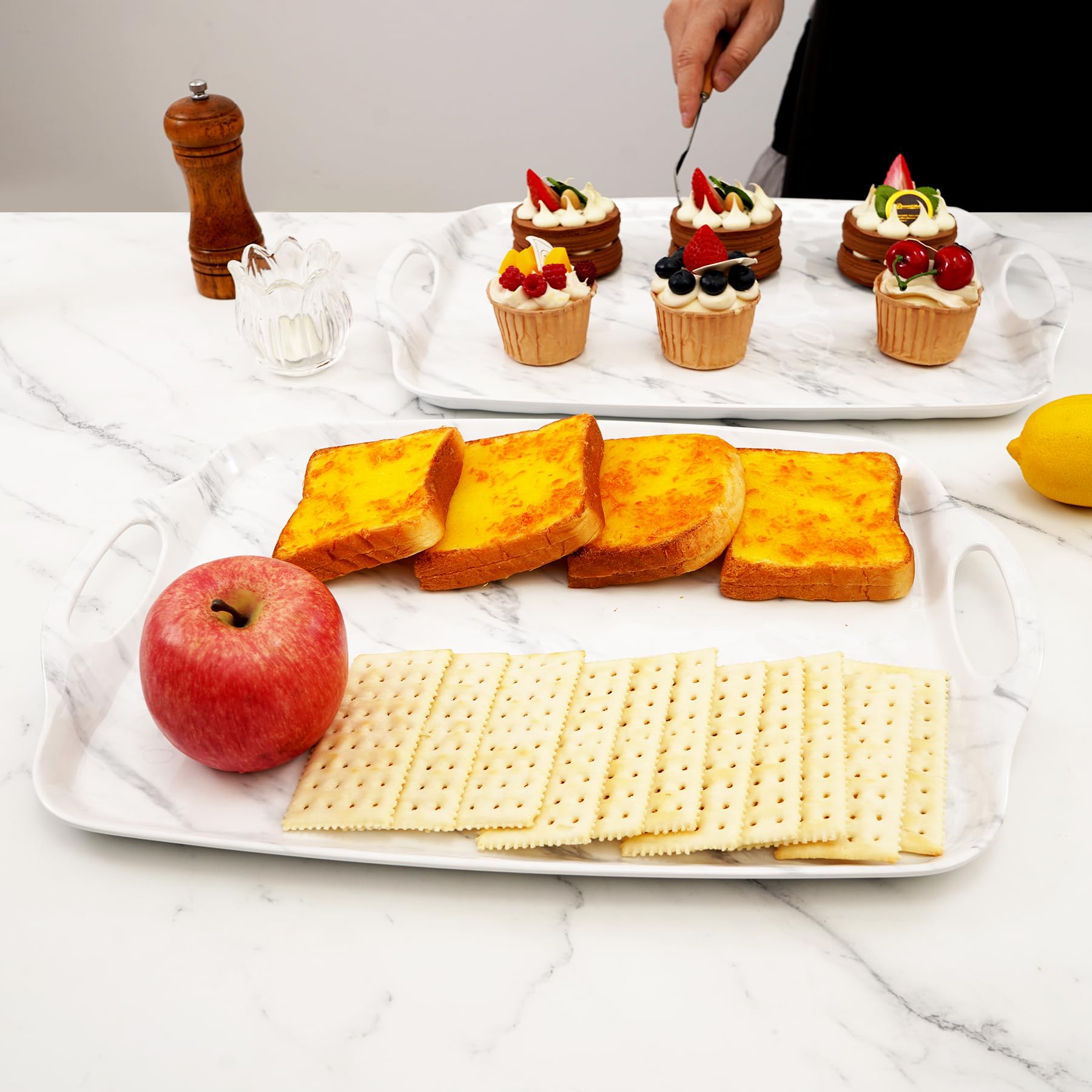 TP Melamine Serving Trays with Handles, 17” x 12”, Set of 2, White Marble