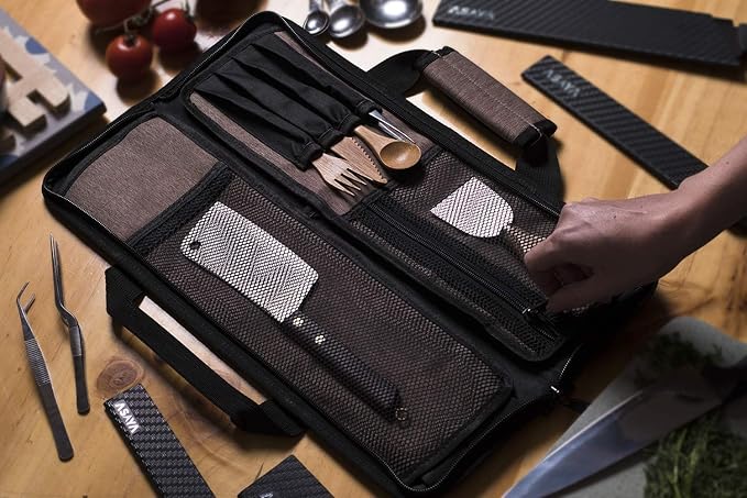 Asaya Chef Knife Roll Bag - 12-Pocket Chefs Case for Kitchen Knives and Utensils, Lightweight Stain-Resistant Waxed Nylon Chef Knife Bag - Knives Not Included (Brown)