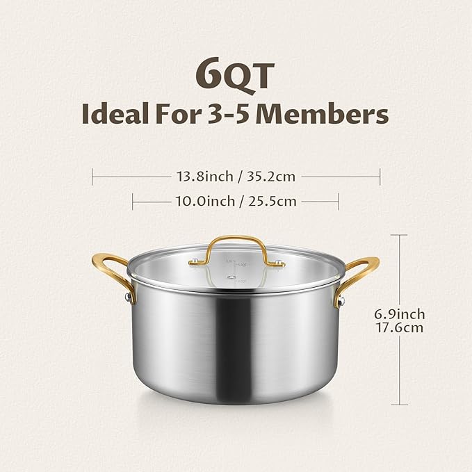 BEZIA 6 QT Stock Pot with Lid, Full Clad 3-Ply Stainless Steel Cooking Pot