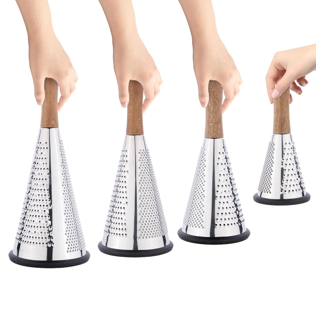 Cone Cheese Grater with Handle - Stainless Steel Triple Function Wood Handle Parmesan Shaver Non-Slip Rubber Bottom Hand Held Multifunction Vegetables Cheese Grater with container(XL:11.8" X 5.1")