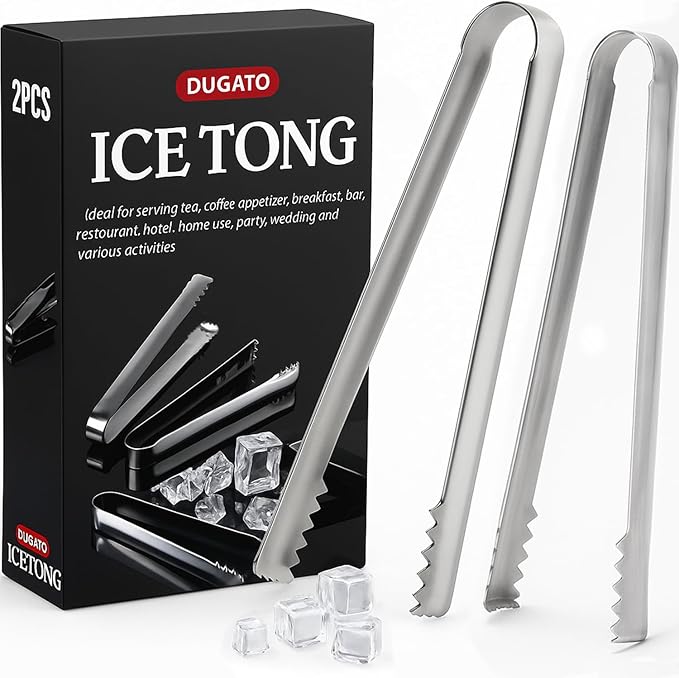 DUGATO Cocktail Ice Tongs 6.3 in, Stainless Steel with Grip Teeth, 2-Pack
