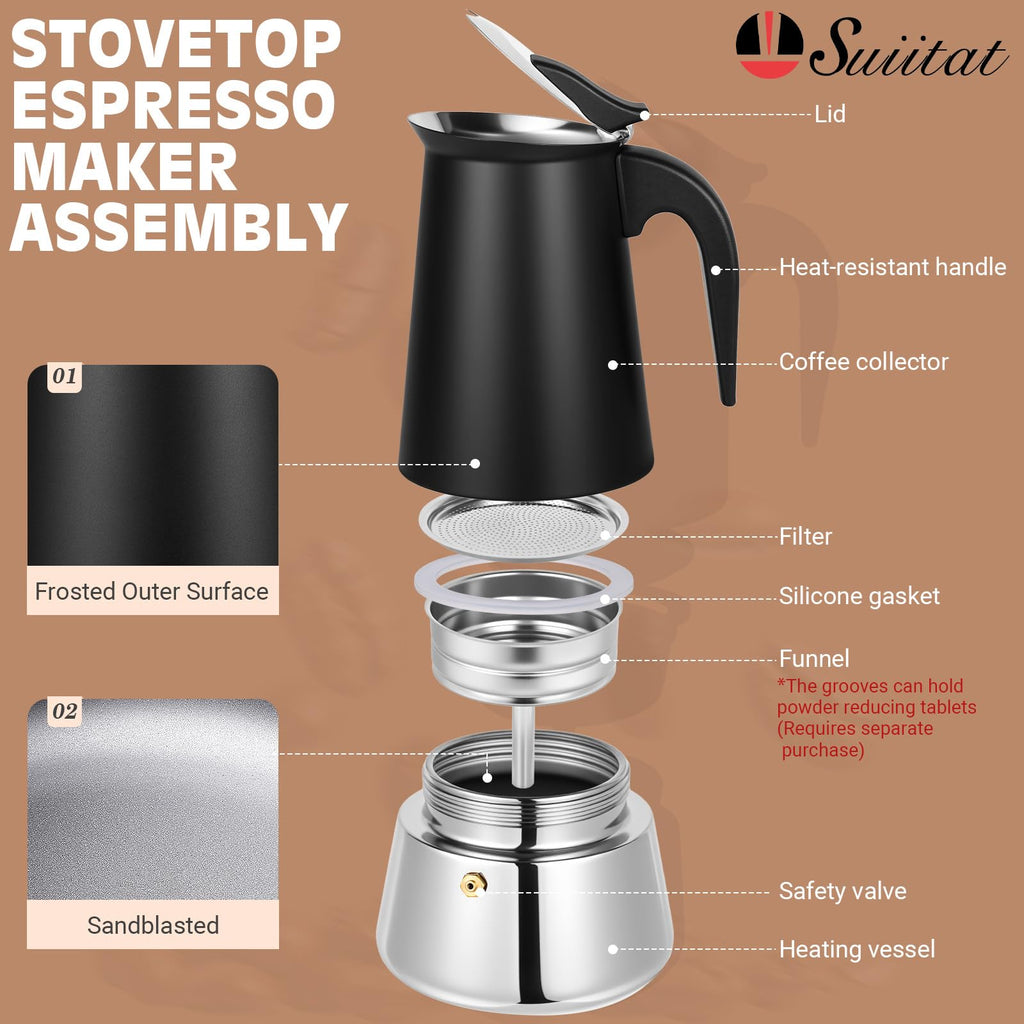 Suiitat 6 Cup Stainless Steel Moka Pot, 300ml Stovetop Espresso Maker, Black
