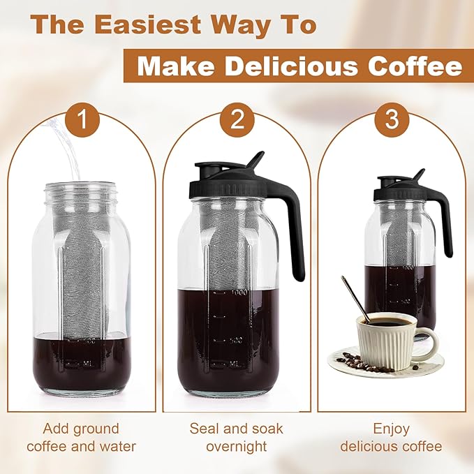 QHH Cold Brew Coffee Maker, 64 oz Mason Jar Pitcher with Stainless Steel Filter, Pour Spout Handle Lid, Airtight & Leak-Proof for Iced Coffee,Tea & Lemonade