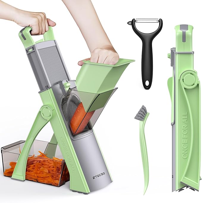 ZTQCSQ [All in 1] Upgraded Version Safe Mandoline Slicer for Kitchen, Adjustable Thickness. Detachable Blade, Veggie Slicer, Rapid Prep Mandoline, with Cleaning Brush/Paring Knife (MatchaGreen)