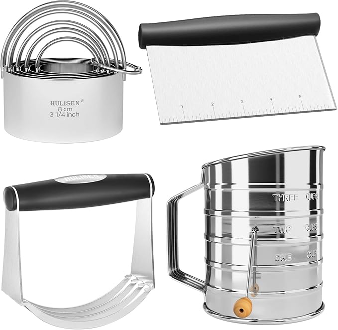 HULISEN 5-Pc Biscuit Cutters, Flour Sifter, Pastry Scraper, Dough Blender